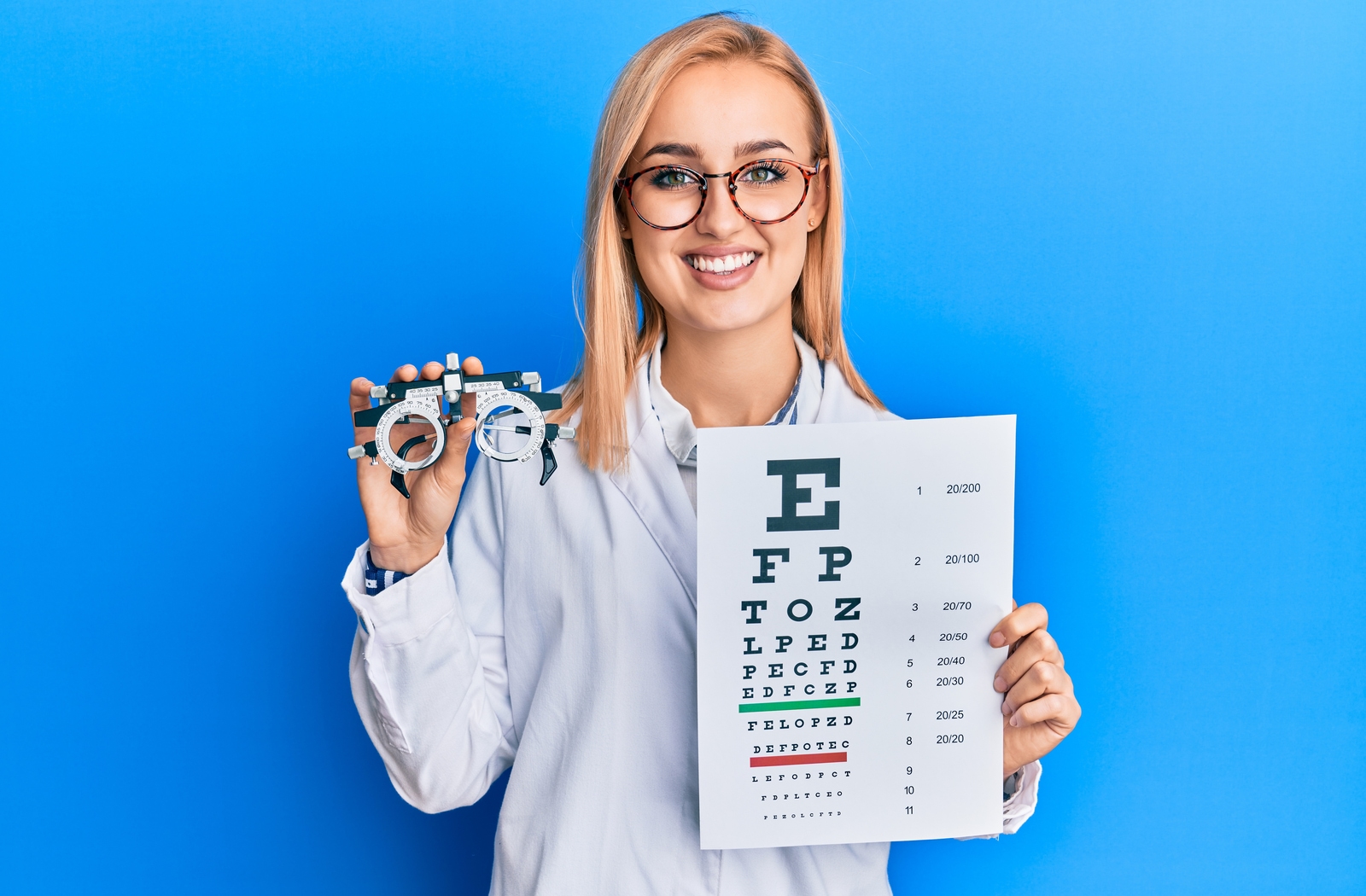 Female optometrist holding up optometry glasses and a Snellen chart while smiling in front of a blue background